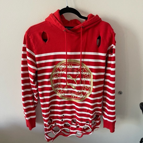 Balmain X Puma Red Distressed Hoodie - Picture 2 of 8